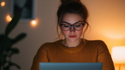 Woman working on laptop at home cozy environment evening setting focused mood
