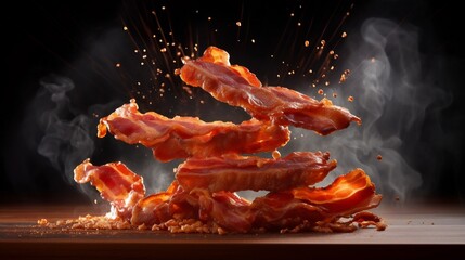 Sizzling Crispy Bacon Strips Flipping Mid Air with Smoky Atmosphere and Fat Droplets   Mouthwatering Gourmet Cooking Scene
