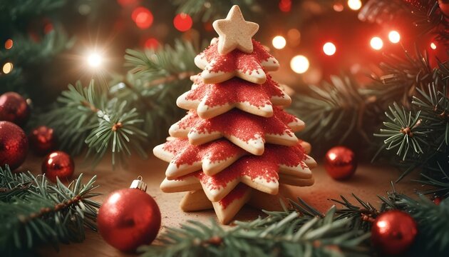 Un &aacute;rbol de Navidad hecho de galletas en forma de estrella con adornos rojos y verdes, rodeado de ramas de pino