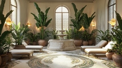 A stunning Hollywood Regency garden room with large potted plants