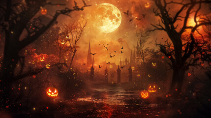Spooky carnival with eerie rides and haunted clowns under a full moon.