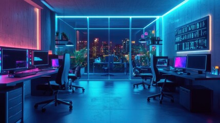 Modern office interior with neon lighting and city skyline view