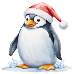 Fototapeta premium A cute winter cartoon featuring a snowman in a hat holding a broom with penguins celebrating in a snowy holiday scene