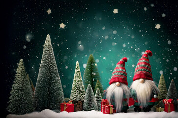 Gnomes family with gift and Christmas tree background with snow. Xmas concept.