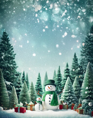 Obraz premium Snowman with Christmas tree and snow. Xmas background.