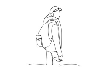 Simple continuous line drawing of a girl goes hiking on a weekend break , namely taking photos. Hobby minimalist concept, weekend activity.
