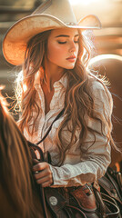 Fototapeta premium Focused Cowgirl Tying Saddle on Horse, Close-Up