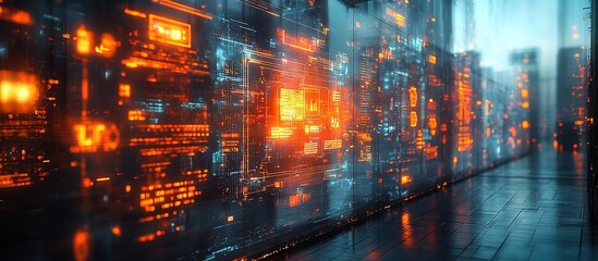 Fototapeta premium A futuristic digital landscape with glowing data panels and a sleek floor.