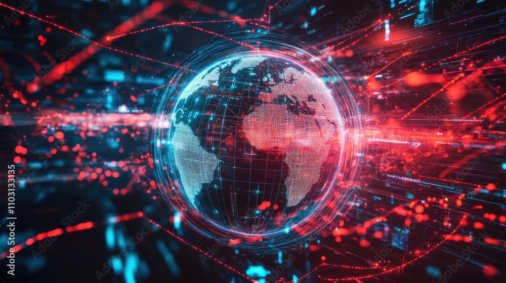 Poster futuristic digital world map with data streams and networks