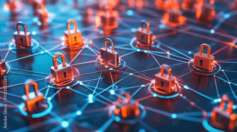 Poster secure connections in digital network with lock symbols and nodes