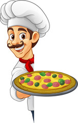 A chef cook holding a pizza cartoon food man mascot character illustration