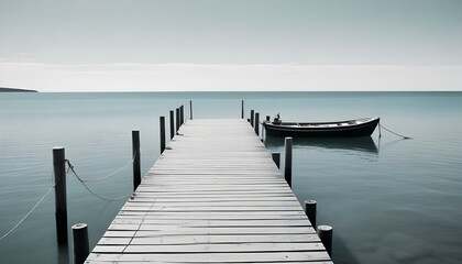 Fototapeta premium Un largo muelle de madera que se extiende hacia un tranquilo océano azul turquesa bajo un cielo azul claro