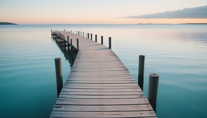 Un largo muelle de madera que se extiende hacia un tranquilo oc&eacute;ano azul turquesa bajo un cielo azul claro