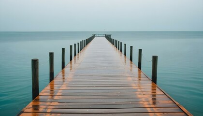 Un largo muelle de madera que se extiende hacia un tranquilo oc&eacute;ano azul turquesa bajo un cielo azul claro