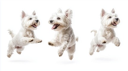 Playful dogs jump happily in a bright studio setting showcasing their energy and joy