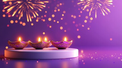 Banner design for diwali festival and purple podium,Diwali light decoration candle with fireworks,Stage,Product display Showcase design sparkle background,Deepavali,Dipavali,3D podium illustration.