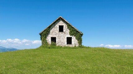 Abandoned stone house on a grassy hill, with ivy growing up its crumbling walls   abandoned house, overgrown ruins