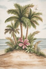 Tropical beach scene with palm trees and ocean view