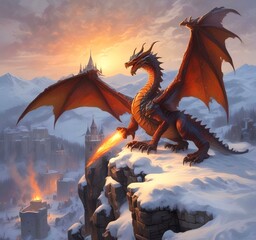 Illustration of dragon sitting on castle wall.