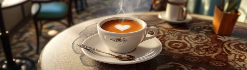 Fototapeta premium A steaming cup of coffee with a heart-shaped design on top, placed on an elegant table.