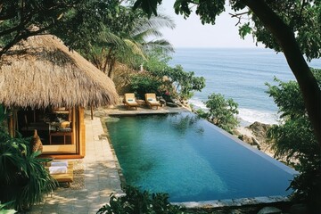 Fototapeta na wymiar Tropical beachfront infinity pool with relaxing loungers and thatched roof retreat