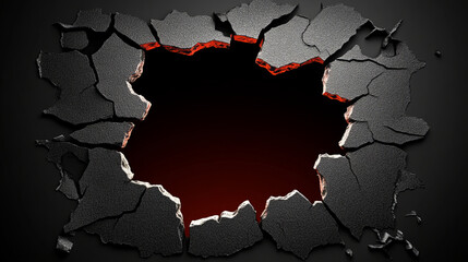  hole in a red wall with cracks, dark background, banner design