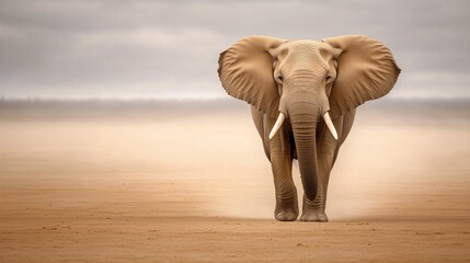 Obraz premium Elephant walking in a sandy landscape under a cloudy sky, symbolizing strength and solitude