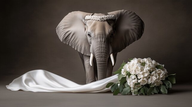 Elephant adorned with floral wreath next to bridal bouquet, symbolizing grace and elegance
