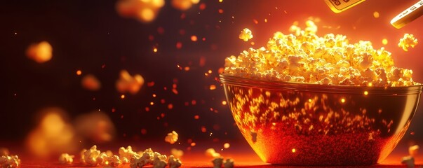 Close up of bowl of popcorn and remote control with tv works on background,Buckets with tasty popcorn on table,The color bright lighting, blue and red.Relax at home concept.