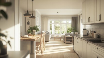 Cozy Modern Kitchen and Living Room with Natural Light and Plants