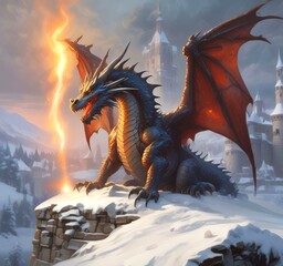 Naklejka premium Illustration of dragon sitting on castle wall.