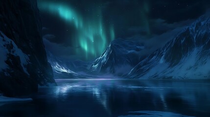 Dazzling northern lights reflecting in the icy waters of a fjord surrounded by cliffs