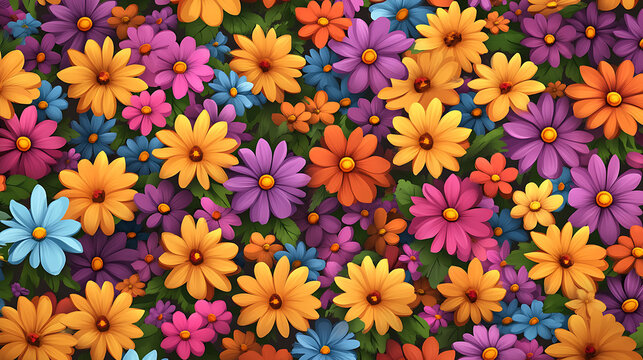 A seamless pattern of cartoon flowers with repeating motifs and harmonious colors 