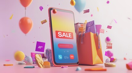 Vibrant digital sale announcement with shopping elements in background
