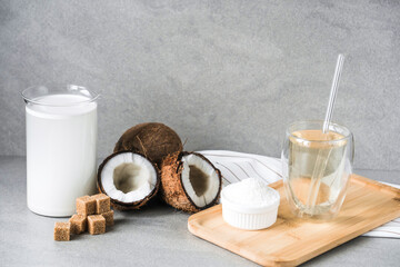 a showcase of coconut products. natural sugar, milk, chips, water.