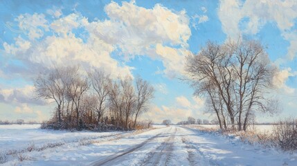 Fototapeta premium Winter landscape scene rural road digital artwork snowy environment wide angle view tranquility