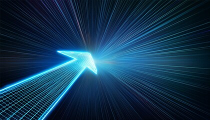 Energy arrow with speed light effect. Isolated glowing web sign on dark blue technology
