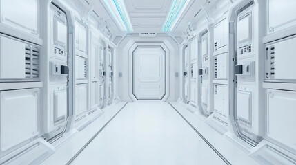 Fototapeta premium futuristic white corridor with sleek design and glowing lights, evoking sense of advanced technology and space exploration. clean lines and bright illumination create modern, sci fi atmosphere