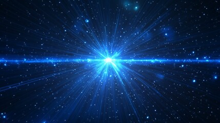 Blue light burst in a starry space background, symbolizing energy and cosmic brilliance