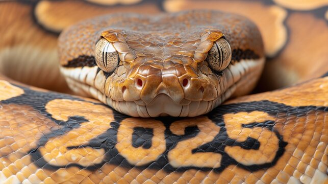 Close-up of a python snake with the year 2025 etched into its patterned scales, symbolizing power and time
