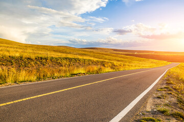 Countryside asphalt road and yellow grassland natural landscape at sunset. Outdoor natural background in autumn.