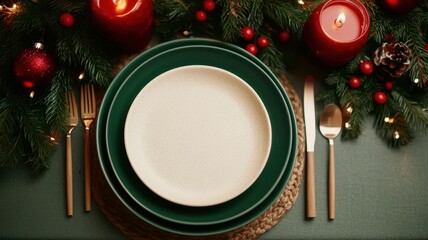Christmasthemed dinner table setup with festive plates, cutlery, and candles in a cozy, decorated room   Christmas dinner table, festive mockup