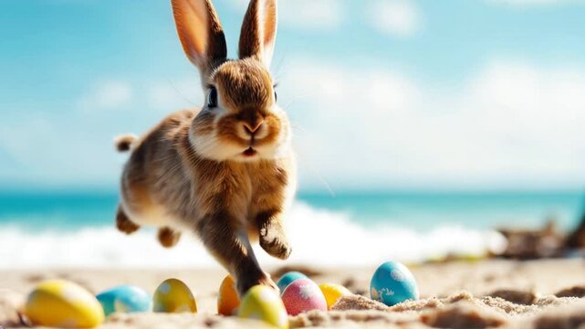 A cute rabbit sits on the beach surrounded by colorful Easter eggs, with the ocean and a bright sky in the background.