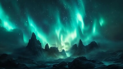 Ancient ruins glowing faintly under the brilliant display of northern lights