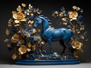 Graceful Blue and Gold Floral Equine Sculpture