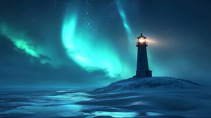 A lonely lighthouse shining under a radiant aurora display along a frozen coastline