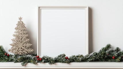 Christmasthemed photo frame mockup with glittery snowflakes, displayed on a mantel with holiday garlands   photo frame, festive decoration