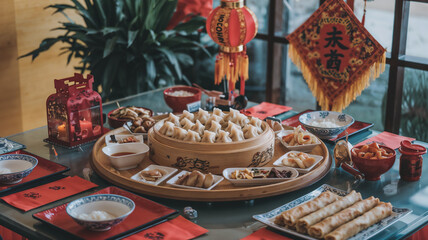 Naklejka premium Chinese New Year festive table with dumplings and traditional foods displayed beautifully