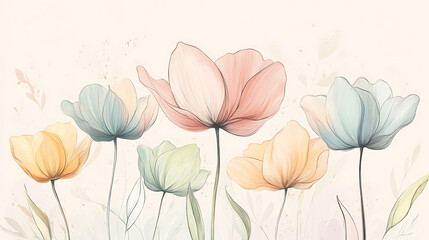 A soft pastel illustration of whimsical cartoon flowers with delicate petals set against a light background 