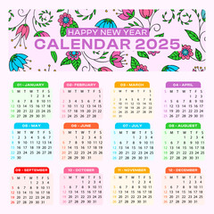 Happy year 2025 colorful calendar template in modern style